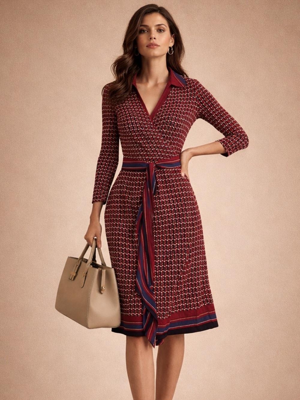 Hobbs London Wrap Dress Red Blue Geometric Print Long Sleeve Midi US 6
